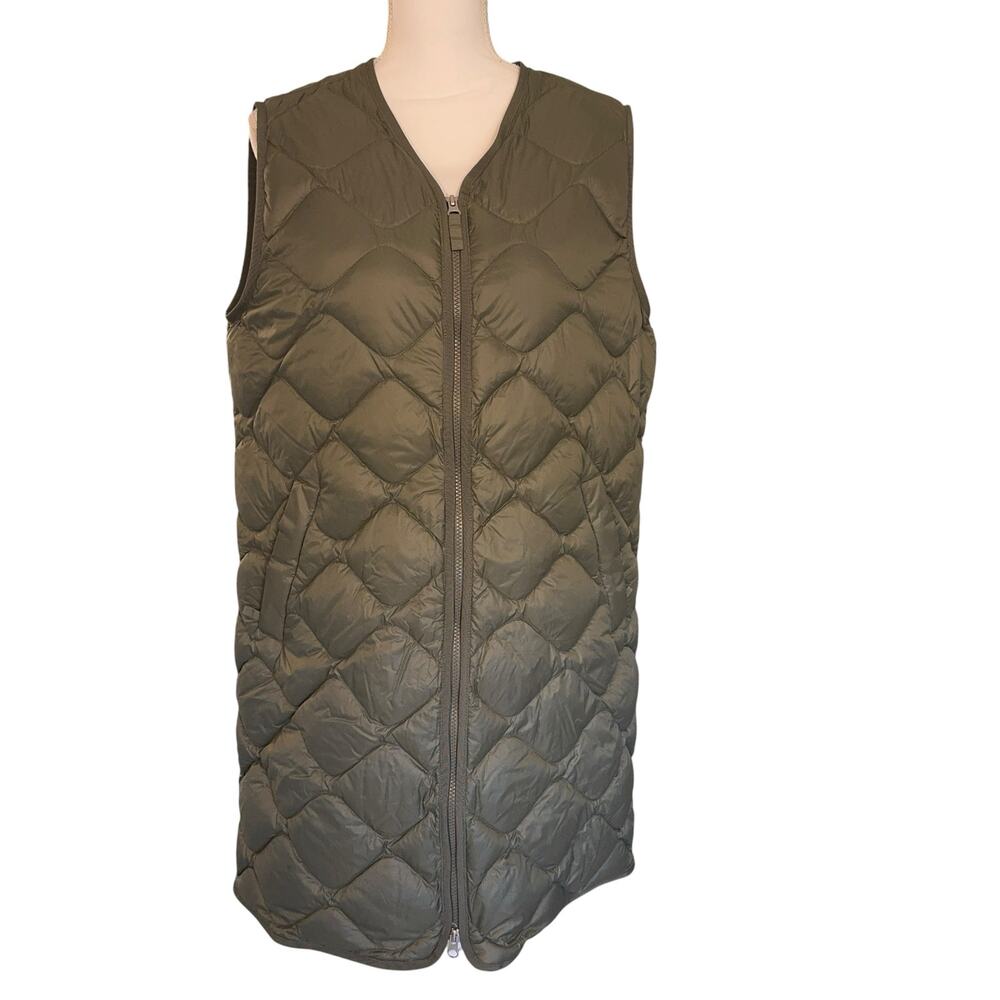 Eddie Bauer 650 Fill Down Long Puffer Vest Olive Green Women's PM Petite Medium